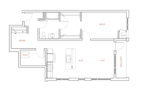A floor plan of a house with a living room, dining room, kitchen, and bathrooms.